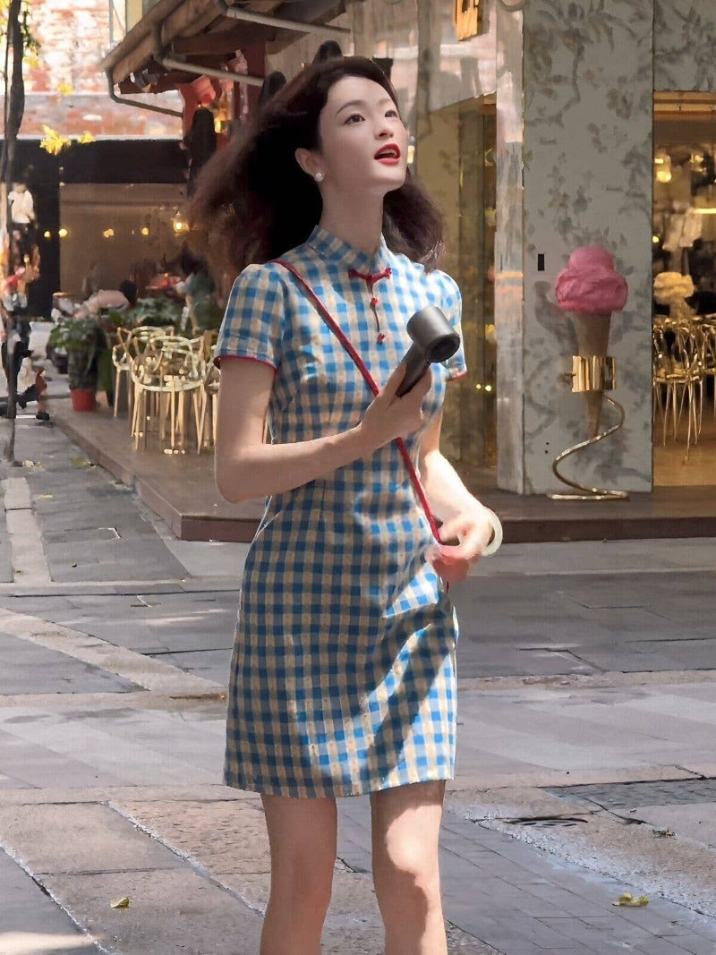 Chinese Style Blue Gingham Mandarin Collar Short Sleeve Mini Dress