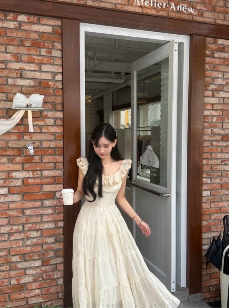 Ivory Ruffle Neck Embroidered Tiered Maxi Dress