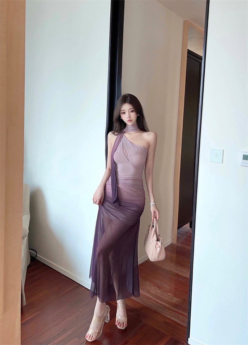 Sultry Purple Gradient Scarf Neck Mesh Maxi Dress