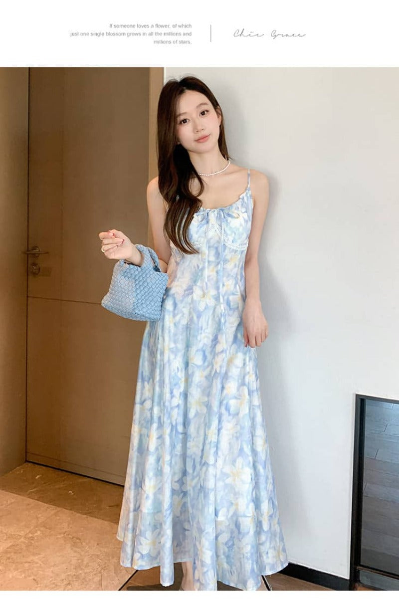 French Style Printed Tie Front Cami A-Line Maxi Dress