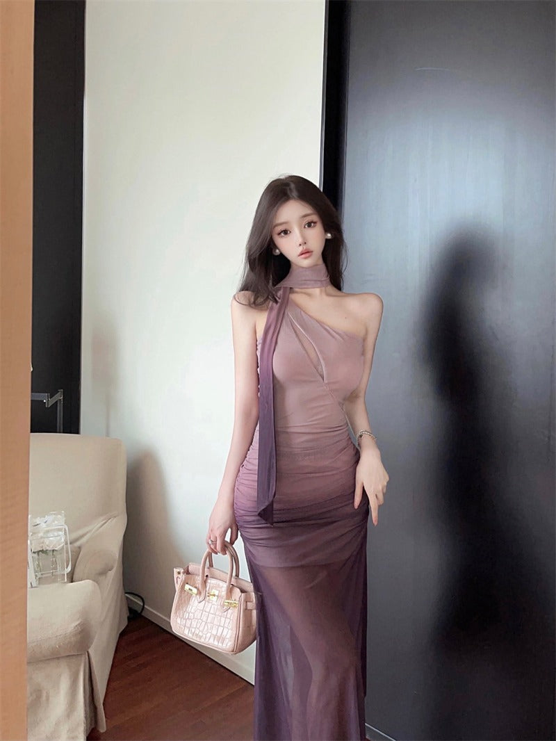 Sultry Purple Gradient Scarf Neck Mesh Maxi Dress