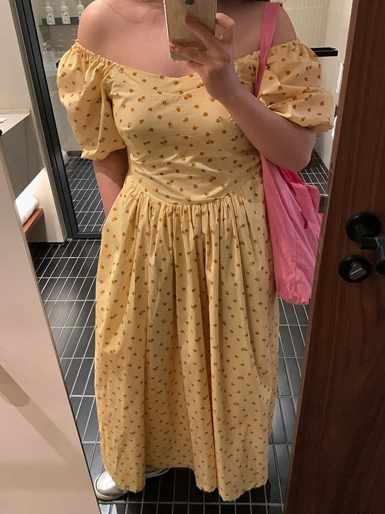 Yellow Floral Off Shoulder Puff Sleeve A-Line Maxi Dress