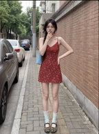 Red Floral Print Lace Trim V Neck Cami Mini Dress