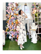 White Floral Print V Neck Belted A-Line Maxi Dress