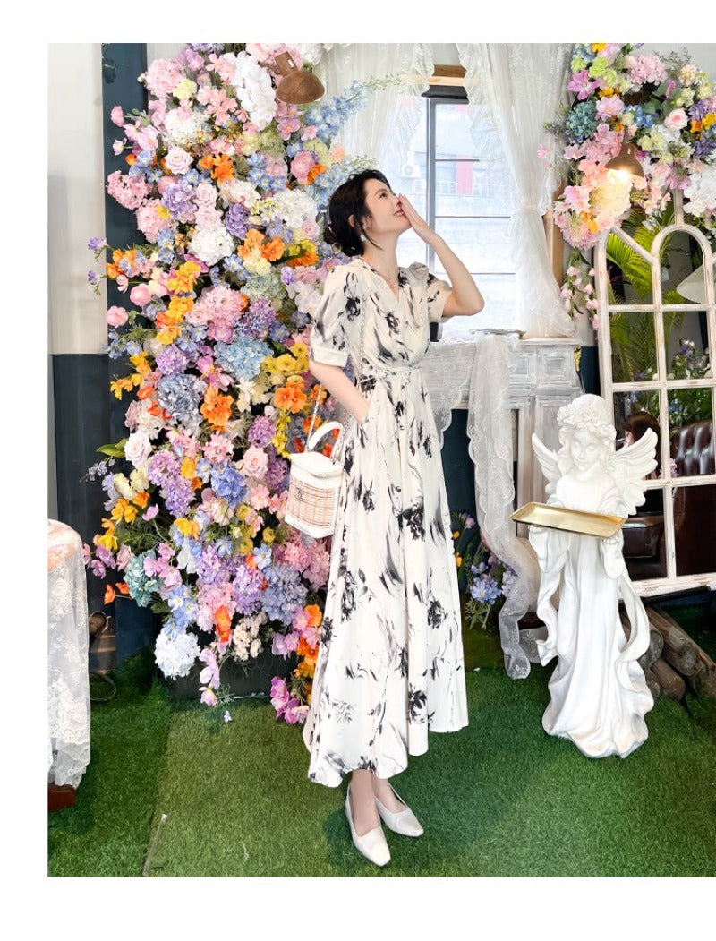 White Floral Print V Neck Belted A-Line Maxi Dress