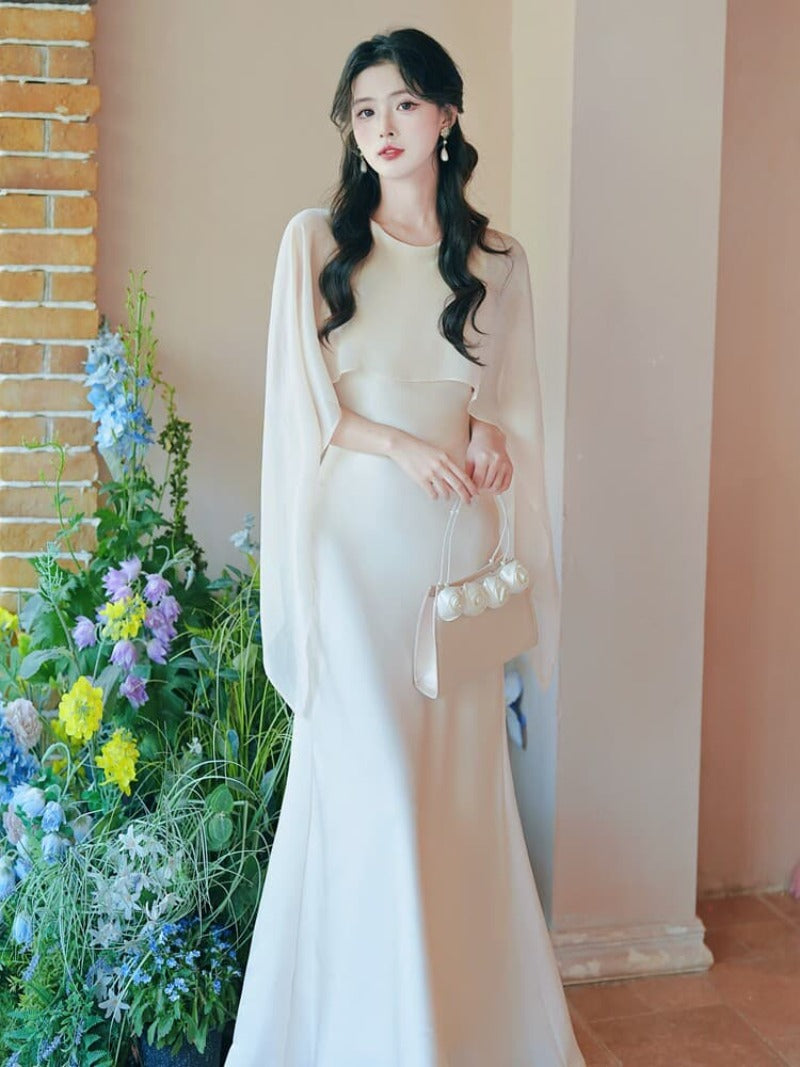 Elegant Round Neck Cape Overlay Mermaid Maxi Dress