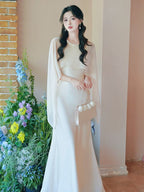 Elegant Round Neck Cape Overlay Mermaid Maxi Dress