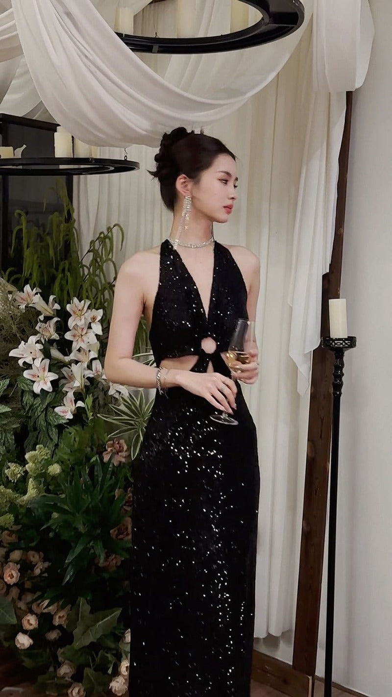 Black Sequin Halter Cutout Maxi Dress