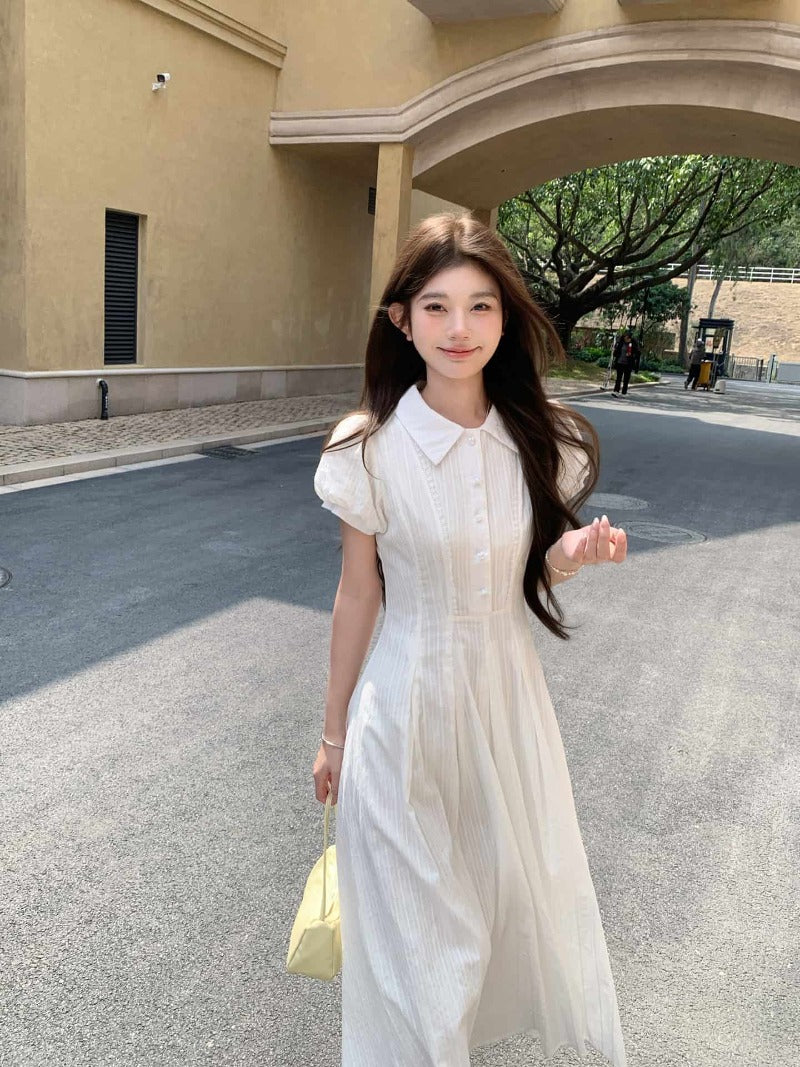 White Collared Button Front Waist Maxi Dress