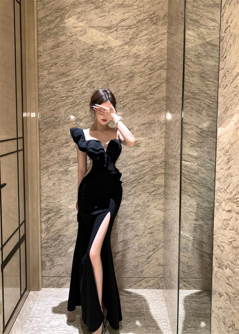 Black One Shoulder Ruffle Slit Bodycon Maxi Dress
