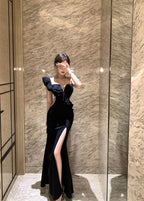 Black One Shoulder Ruffle Slit Bodycon Maxi Dress