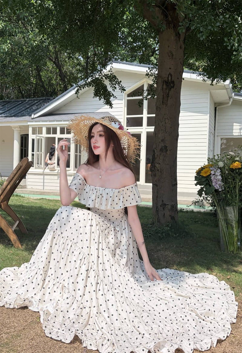 Off-Shoulder Polka Dot Tiered Maxi Dress