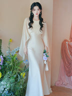 Elegant Round Neck Cape Overlay Mermaid Maxi Dress