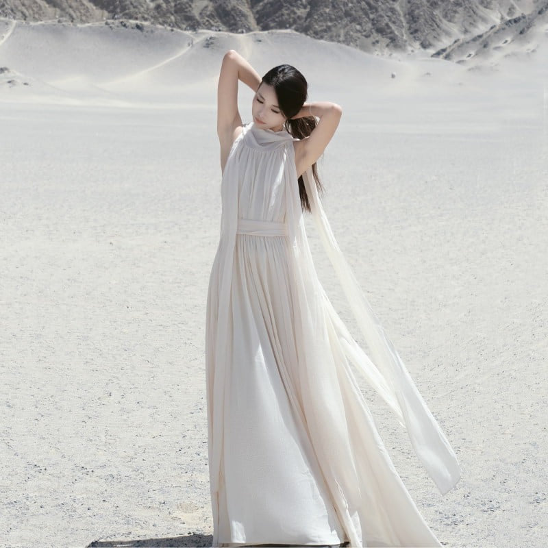 Desert Goddess Apricot Scarf Halter Backless Maxi Dress