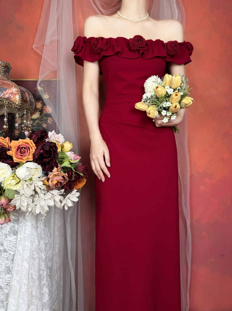 Off Shoulder Rose Appliqué Slit Maxi Dress Main image
