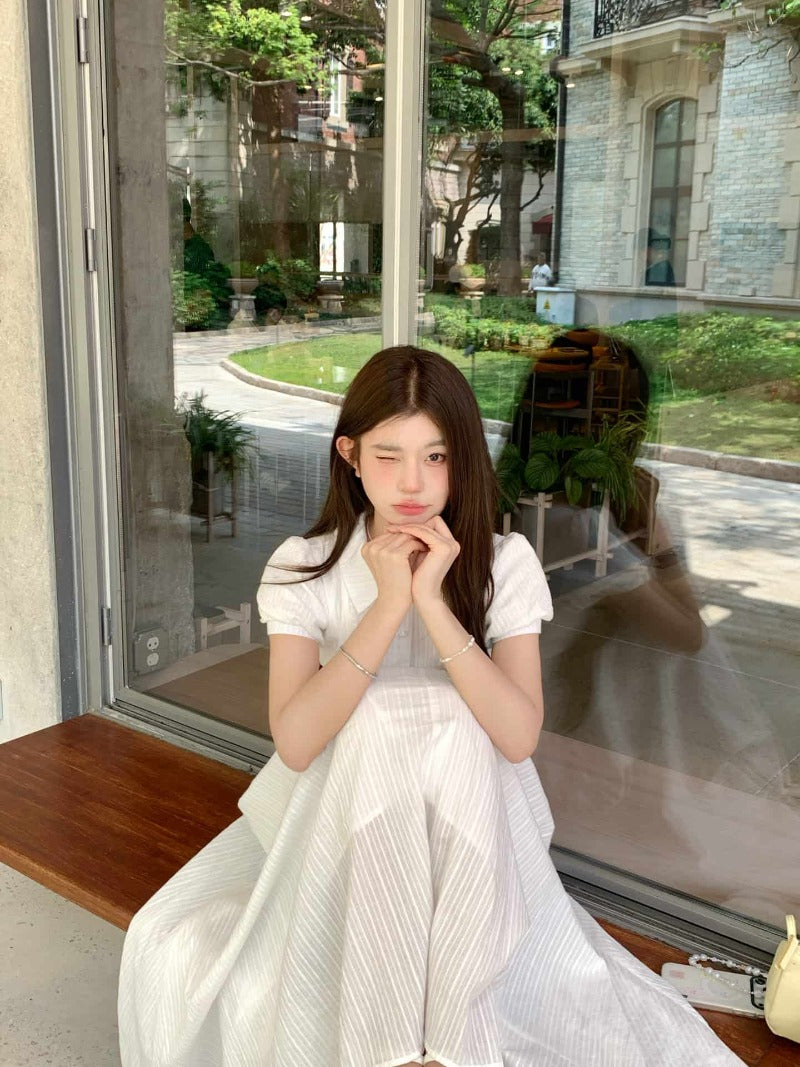 White Collared Button Front Waist Maxi Dress