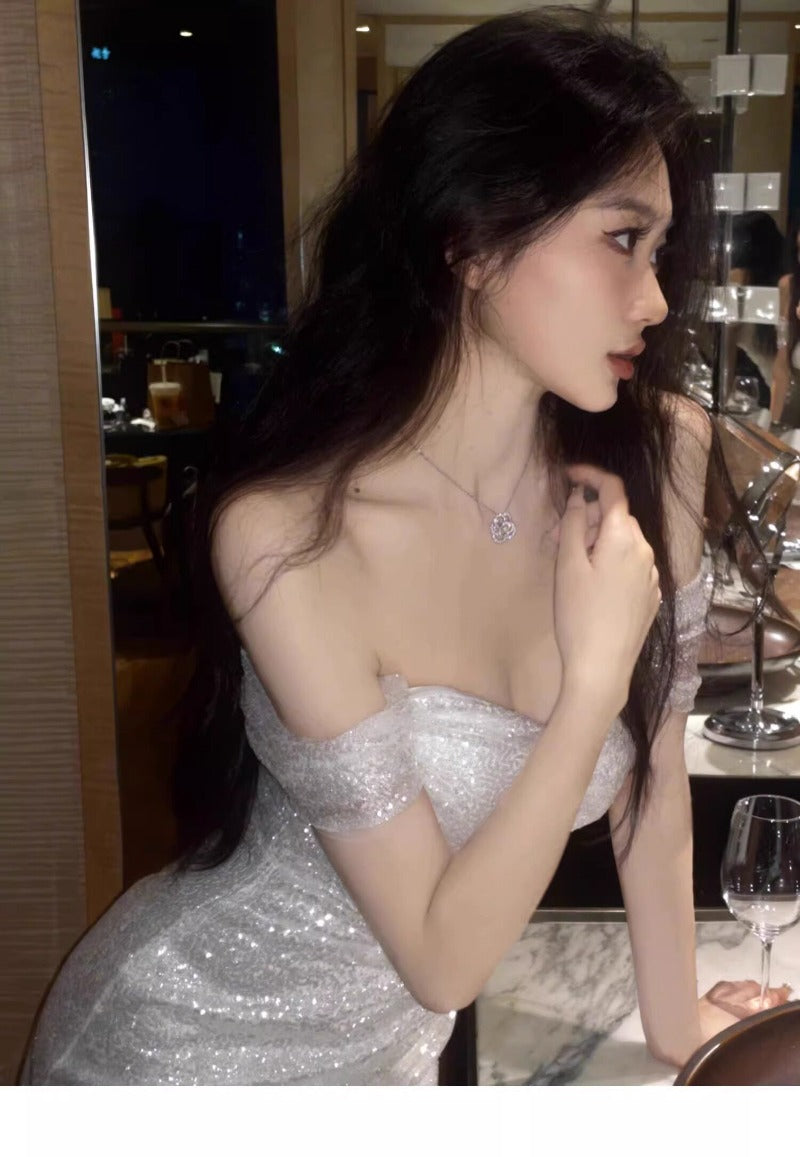 White Sequin Off Shoulder Ruched Bodycon Midi Dress