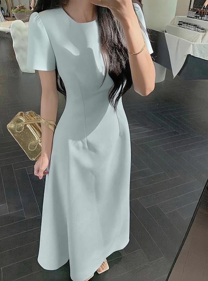 Round Neck Short Sleeve High Waist A-Line Maxi Dress