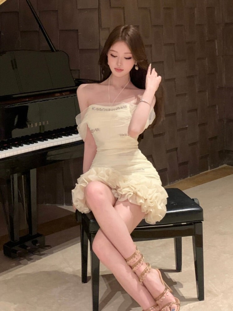 Pale Yellow Off Shoulder Ruched Mesh Bodycon Mini Dress Main image