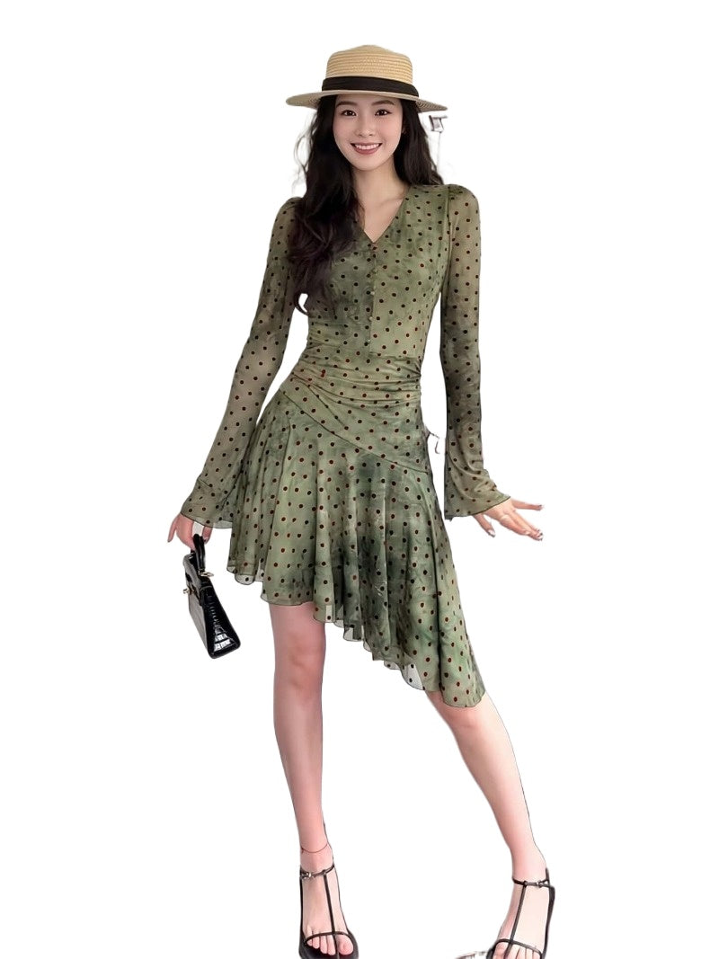 Green Polka Dot V-Neck A-Line Mini Dress