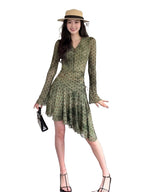 Green Polka Dot V-Neck A-Line Mini Dress