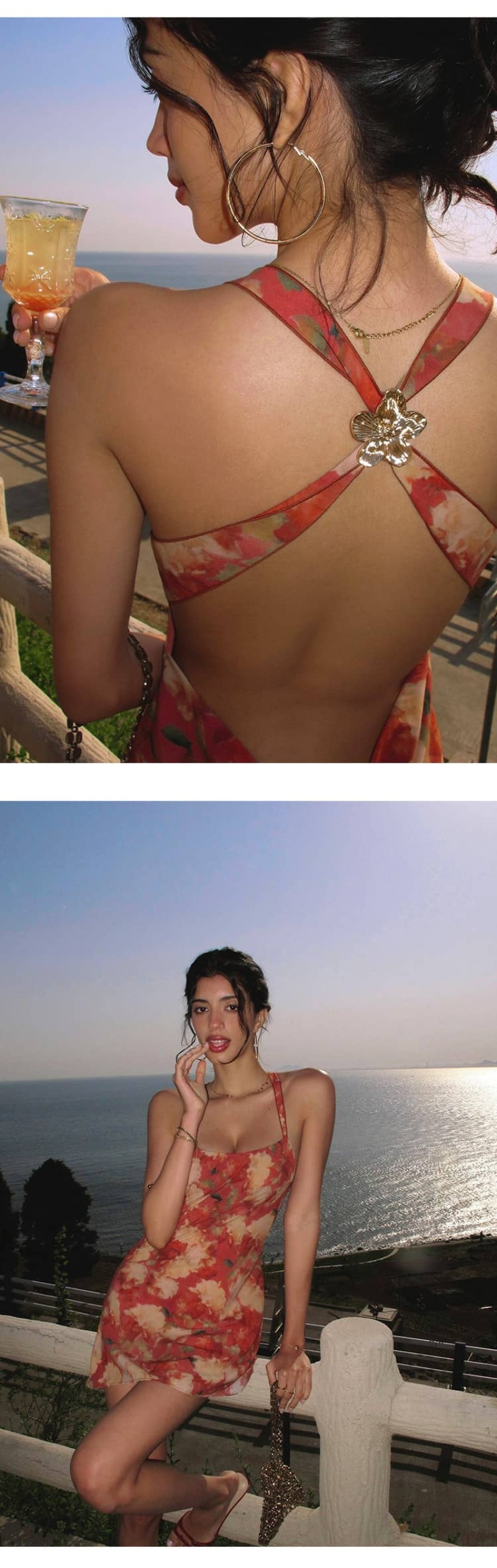 Red Floral Halter Open Back Vacation Dress