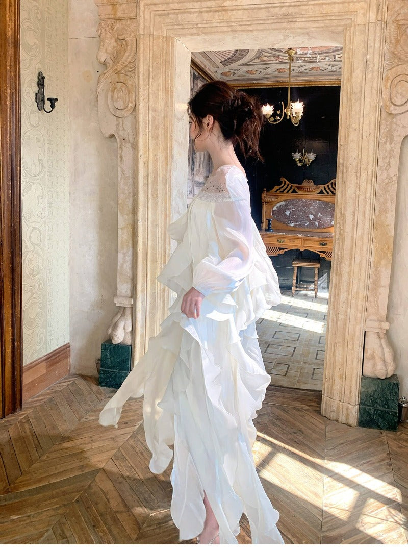 Ivory Sequin-Embellished Off-Shoulder Ruffle Maxi Dress