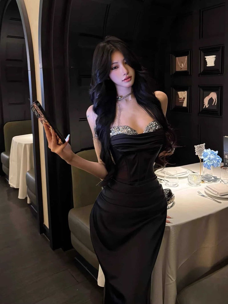 Black Strapless Sequin Bustier Mermaid Maxi Dress Main image