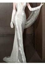 Ivory Sequin Mermaid Maxi Dress With Gloves