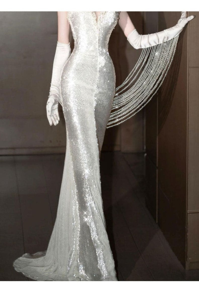 Ivory Sequin Mermaid Maxi Dress With Gloves