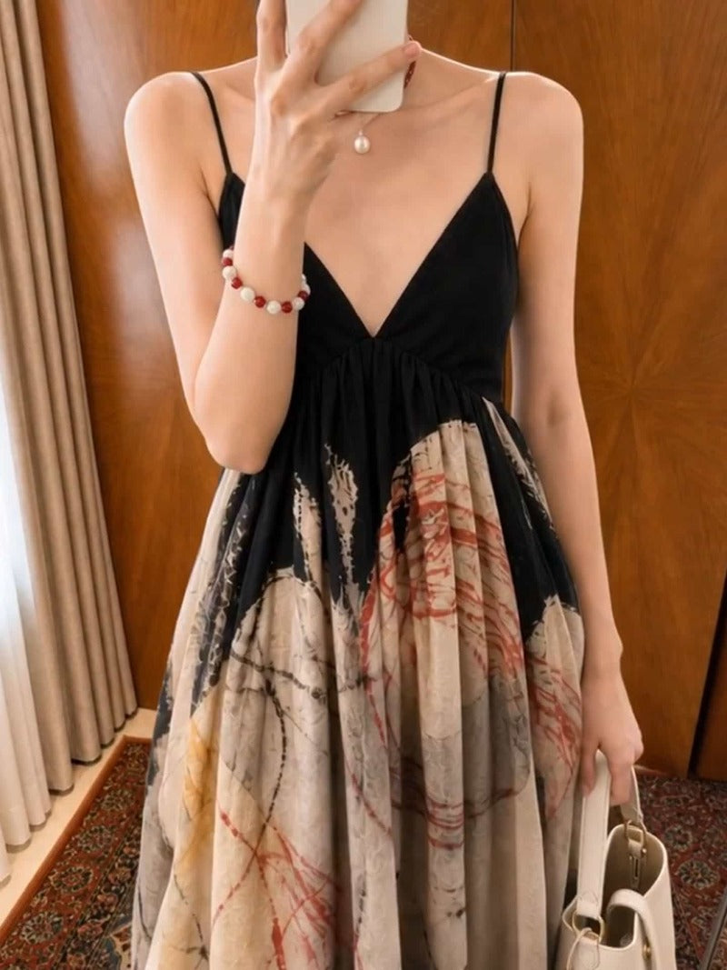 Vintage Print V Neck Spaghetti Strap A-Line Maxi Dress