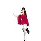 Red Off-Shoulder Draped Chiffon Mini Dress
