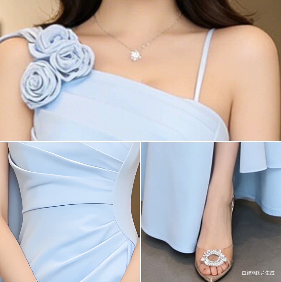 Sky Blue Floral One Shoulder Slit Maxi Dress