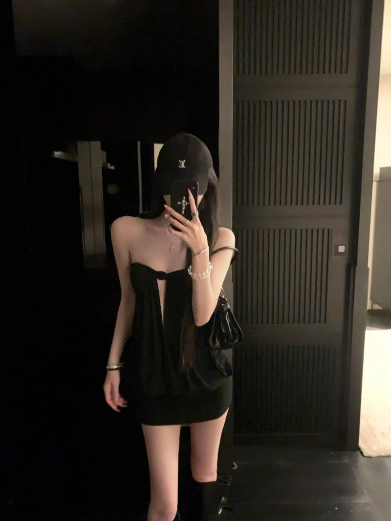 Black Sultry Strapless Tie Front Cutout Mini Dress