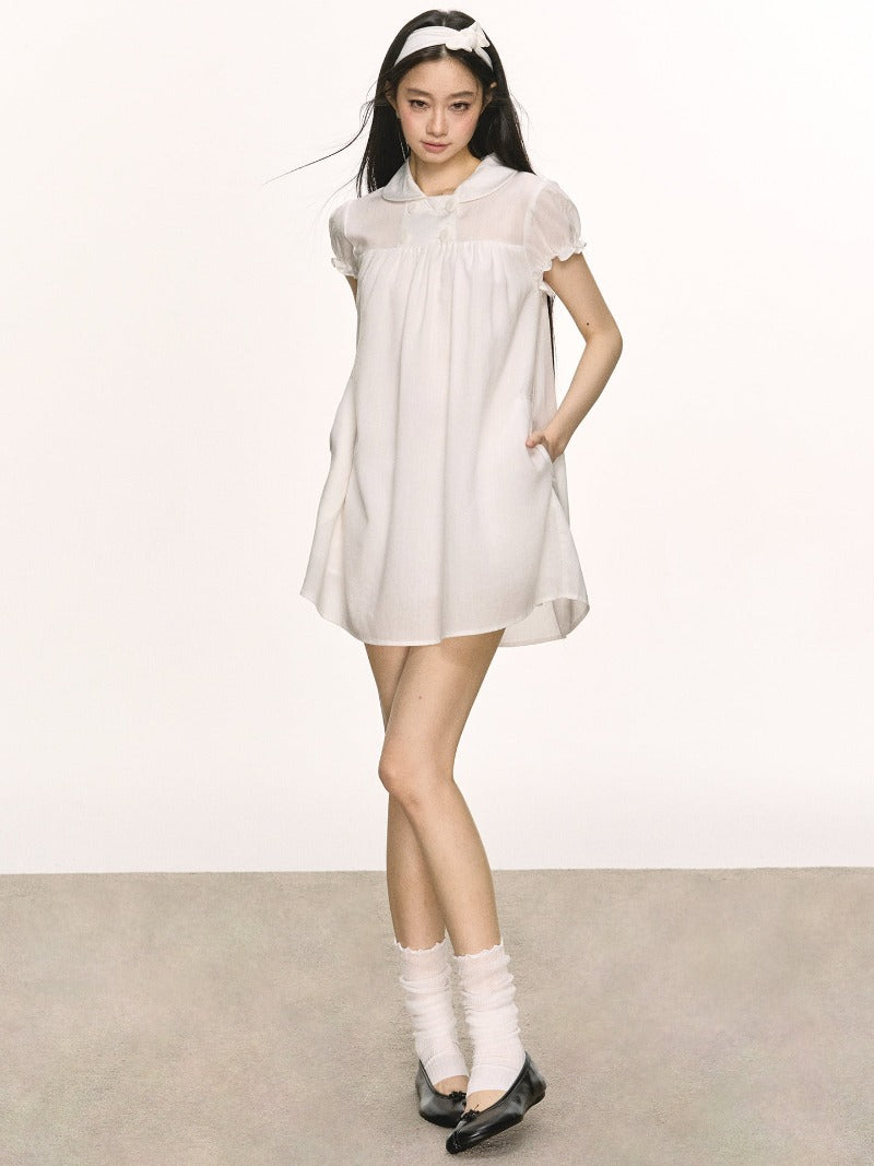 Lyocell Linen Puff Sleeve Collared Babydoll Mini Dress