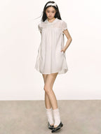 Lyocell Linen Puff Sleeve Collared Babydoll Mini Dress