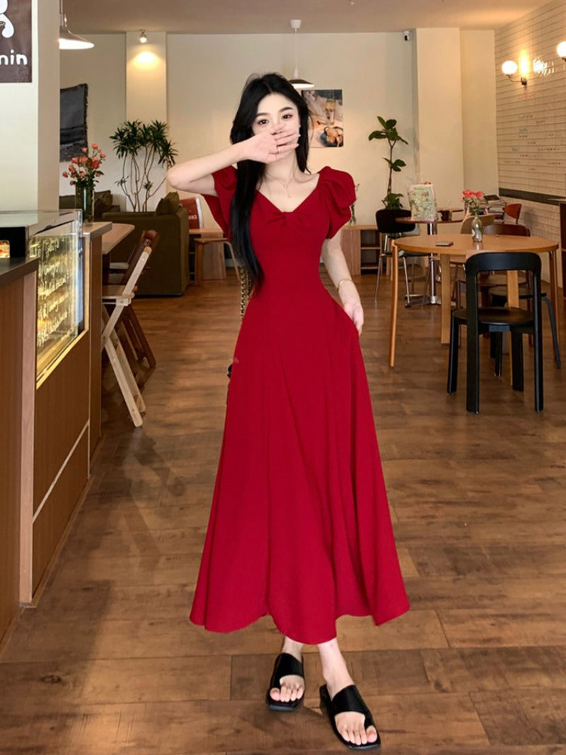 Wine Red V Neck Puff Sleeve Tie Back A-Line Maxi Dress