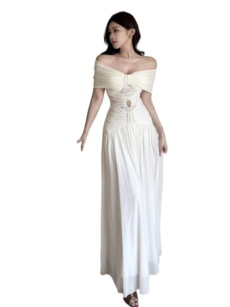 Black/White Off Shoulder Tie Waist A-Line Maxi Dress