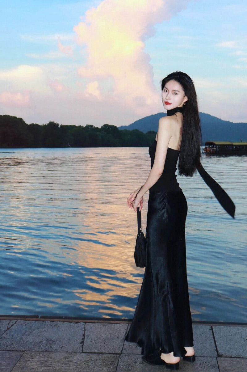 Black Asymmetric Scarf Halter Top Secondary image