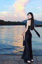Black Asymmetric Scarf Halter Top