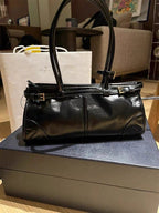 Black Glossy Shoulder Bag with Buckle Detail