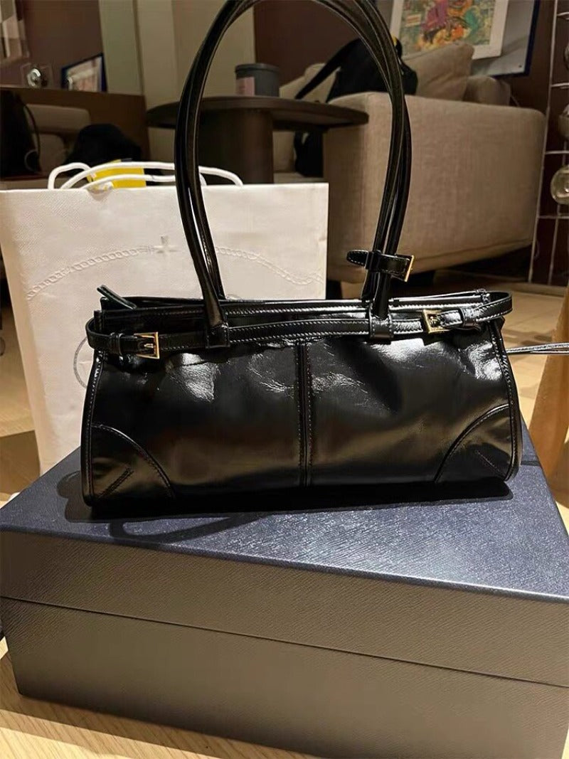 Black Glossy Shoulder Bag with Buckle Detail