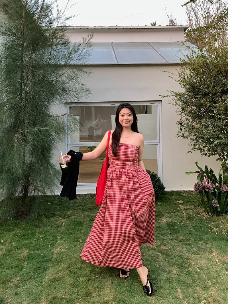 Red Gingham Strapless High Waist A-Line Maxi Dress