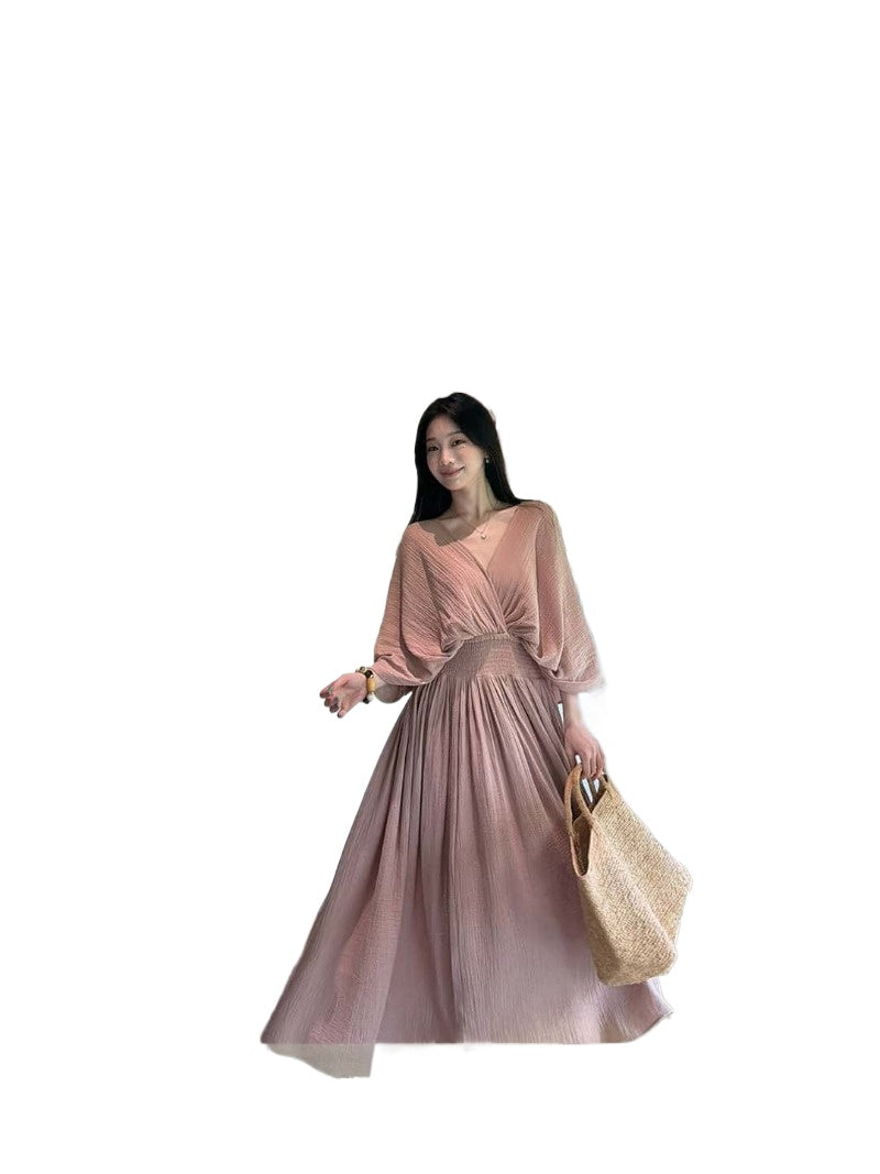 Cotton V-Neck Batwing Sleeve Maxi Dress