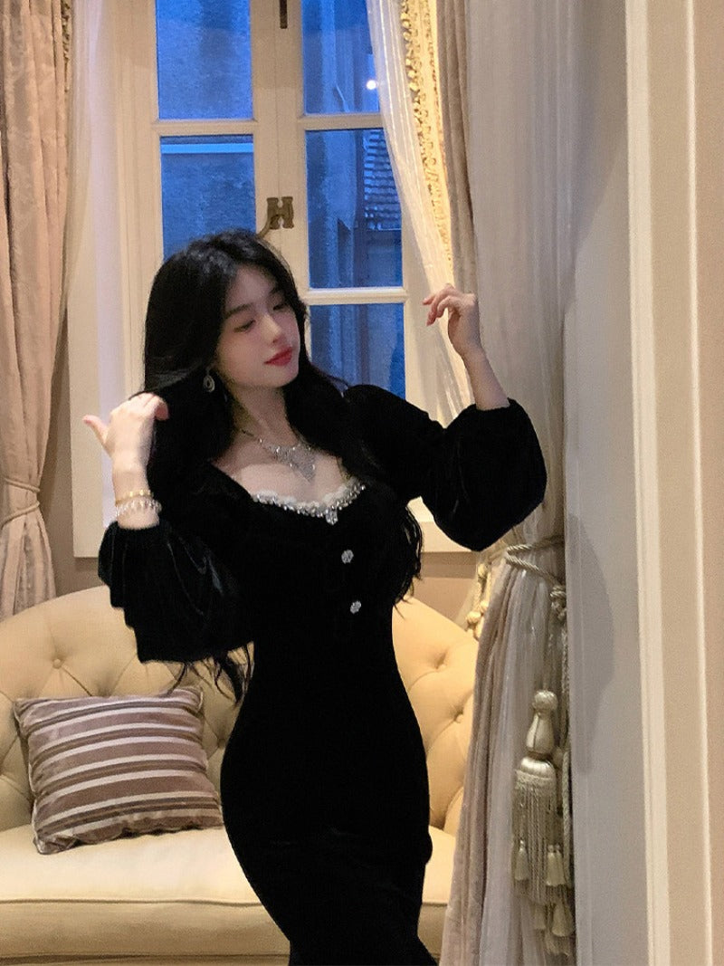 Black Velvet Lace Square Neck Mermaid Midi Dress
