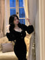Black Velvet Lace Square Neck Mermaid Midi Dress