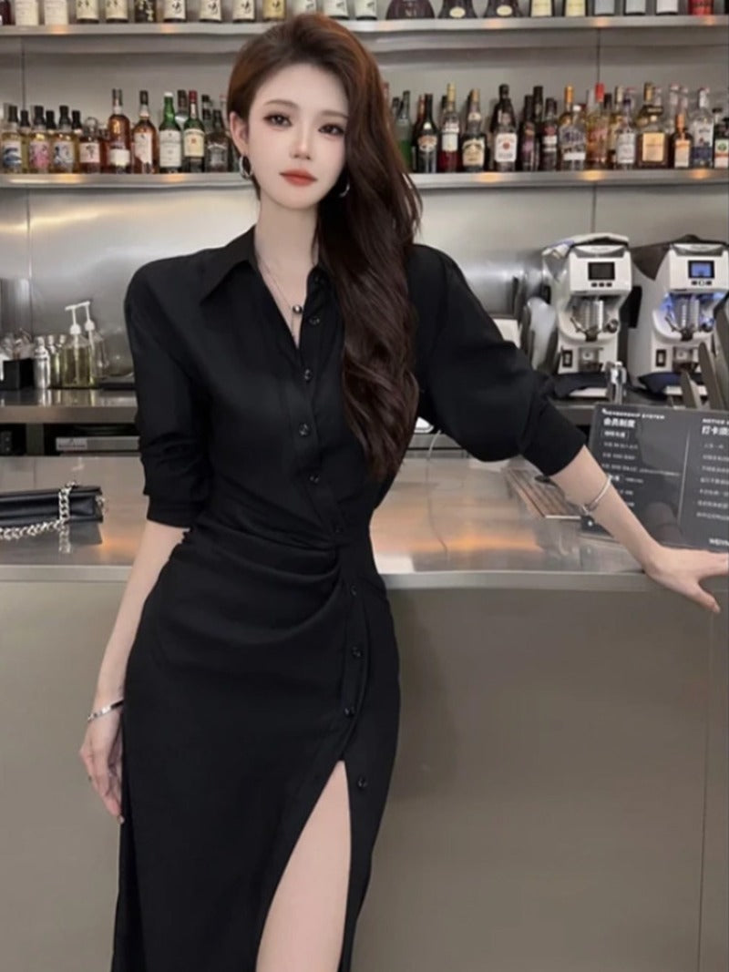 Black/Brown Collared Button Front Slit Shirt Maxi Dress