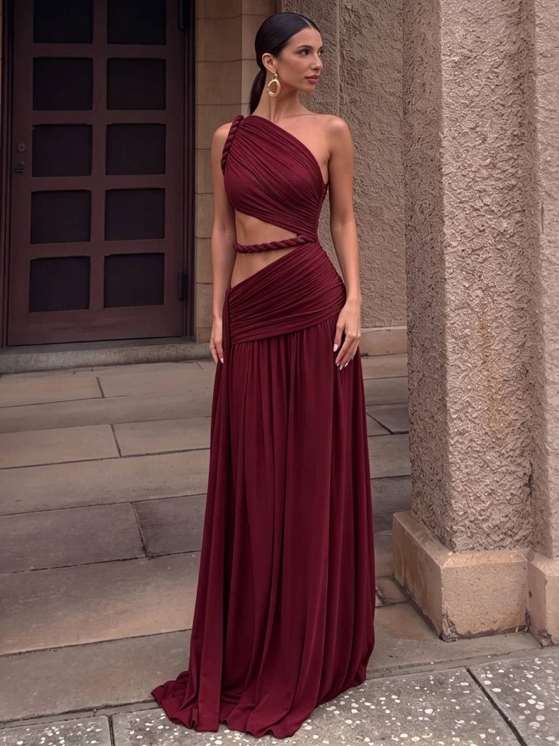Sultry Ruched One Shoulder Cutout Maxi Dress