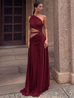 Sultry Ruched One Shoulder Cutout Maxi Dress