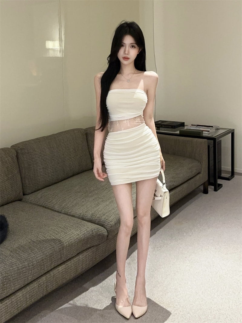 White Strapless Ruched Mesh Cutout Bodycon Mini Dress